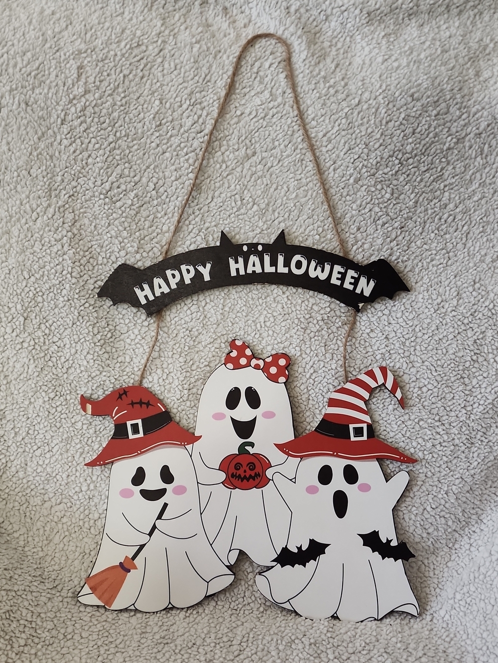 Happy Halloween Red & White Ghost Wall Hanging - Party Decoration